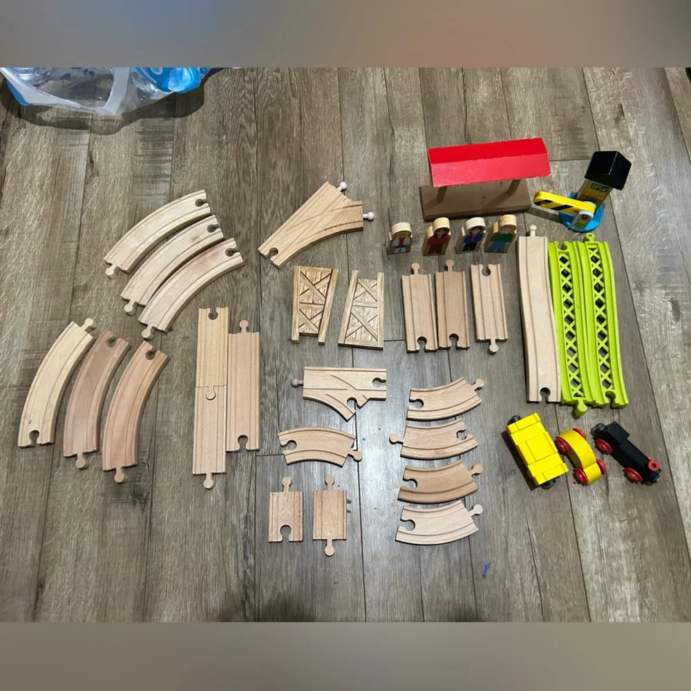 Lot of Wooden Train Tracks and Parts Assorted 35 Pieces Cars Signs Brio Thomas.